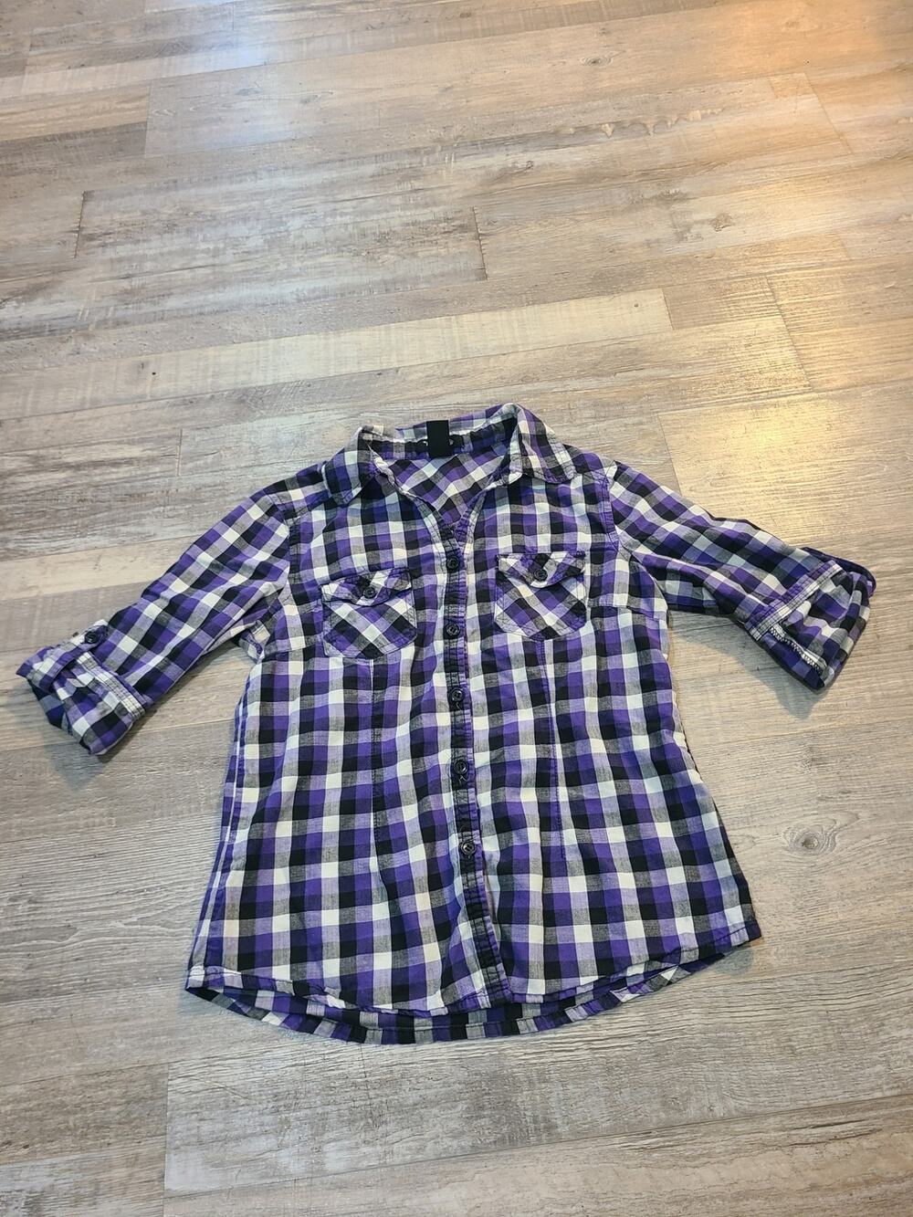Vintage collection medium youth black and purple plaid button down girls shirt